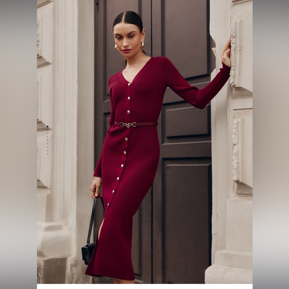 Knitted midi dress with a belt and golden decorations